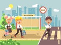 Vector illustration cartoon characters children, observance traffic rules, boys and girl schoolchildren classmates go to