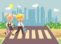 Vector illustration cartoon characters children, observance traffic rules, boys and girl schoolchildren classmates go to