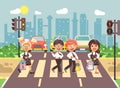 Vector illustration cartoon characters children, observance traffic rules, boys and girls schoolchildren classmates go