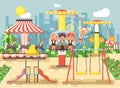 Vector illustration of cartoon characters children schoolboys schoolgirls classmates resting in amusement park ride on