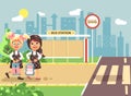 Vector illustration cartoon characters children, traffic rules, two blonde and brunette girls schoolchildren, pupils go