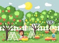 Vector illustration cartoon characters children two little girls harvest ripe fruits autumn orchard garden from plum Royalty Free Stock Photo