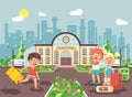 Vector illustration cartoon characters late boy and girl running to little children standing at railway station building