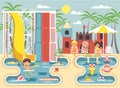 Vector illustration cartoon characters lonely boy swimming pool near water slide, frolicking, resting in aqua park Royalty Free Stock Photo