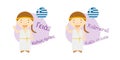 Vector illustration of cartoon characters saying hello and welcome in Greek and its transliteration into latin alphabet. Royalty Free Stock Photo