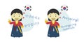 Vector illustration of cartoon characters saying hello and welcome in Korean and its transliteration into latin alphabet.