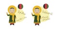 Vector illustration of cartoon characters saying hello and welcome in Pashto and its transliteration into latin alphabet. Royalty Free Stock Photo