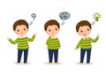 Vector illustration of cartoon child thinking. Thoughtful boy, confused boy, and boy with illustrated bulb above his head Royalty Free Stock Photo