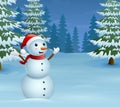 Cartoon christmas snowman with snowy pine trees Royalty Free Stock Photo