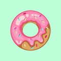 Vector illustration of cartoon colorful tasty donut isolated on milky green background with pink sugar glaze and multicolored spri Royalty Free Stock Photo