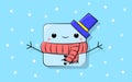 Vector illustration of a cartoon cube-shaped snowman in a blue hat with a yellow stripe and in a red scarf with black stripes on a