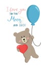 Vector illustration cartoon cute bear boy flying in a balloon and holding a heart and lettering I love you to the moon and back Royalty Free Stock Photo