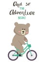 Vector illustration cartoon cute bear boy riding a bicycle and lettering And so the adventure begins