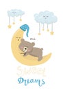 Vector illustration cartoon cute bear boy sleeping on the moon and clouds with stars and lettering Sweet dreams Royalty Free Stock Photo