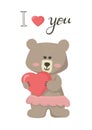 Vector illustration cartoon cute bear girl holding a heart and lettering I love you Royalty Free Stock Photo