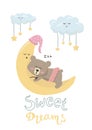 Vector illustration cartoon cute bear girl sleeping on the moon and clouds with stars and lettering Sweet dreams Royalty Free Stock Photo