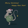 Vector illustration of a cartoon cute dancing mouse in a green checkered trousers and Santa cap with a glowing lantern Royalty Free Stock Photo
