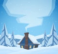 Cartoon cute house with smoke from chimney on Winter christmas landscape background Royalty Free Stock Photo