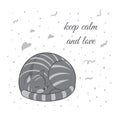 Vector illustration, a cartoon cute sleeping gray cat on a white background with hearts and dots. Text keep calm and