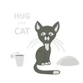 Vector illustration, a cartoon cute sad sitting gray cat on a white background with flowerpot.