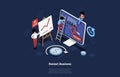 Vector Illustration In Cartoon 3D Style Of Business Restarting Concept. Isometric Composition With Infographics On Dark