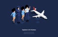 Vector Illustration. Cartoon 3D Style With Character. Isometric Composition On Captains And Air Hostess Concept. Plane