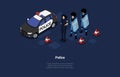 Vector Illustration. Cartoon 3D Style With Characters. Isometric Composition On Police Team People Concept. Automobile