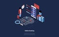 Vector Illustration In Cartoon 3D Style On Dark Background. Isometric Composition Of Online Booking Concept With Writing Royalty Free Stock Photo