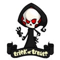 Vector illustration of cartoon death Halloween monster mascot isolated on dark background. Cute cartoon grim reaper