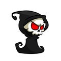 Vector illustration of cartoon death Halloween monster mascot isolated on dark background. Cute cartoon grim reaper. Outlines. Royalty Free Stock Photo