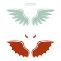 Cartoon devil and angel, good and bad choice, wings, horns and halo