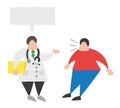 Vector cartoon doctor man holding folder and talking to his patient with blank speech bubble and oatient surprised