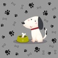 Cute cartoon dog with bone in the bowl on paw and bone background Royalty Free Stock Photo