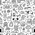 Seamless pattern with pets and their stuff in doodle style.