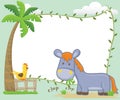 Vector illustration of cartoon donkey eating grass in garden with a chicken perch on fence under coconut tree. Farm animals with Royalty Free Stock Photo