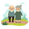 Cartoon of elderly couple standing and holding hands in the park. Happy grandparents day concept Royalty Free Stock Photo