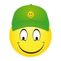 Vector illustration of cartoon emoticon smiley wearing a cap and pointing