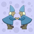 Vector illustration cartoon figures from a fairy tale in the form of dwarfs in pointed hats in a mirror image on a purple