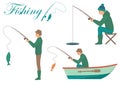 Cartoon fisherman, man cath fish on fishing rod