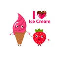 Vector illustration of cartoon funny ice creams and strawberry