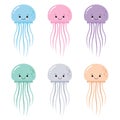 Vector illustration of cartoon funny color jellyfish isolated on white background. Set of kawaii jellyfish Royalty Free Stock Photo