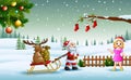 Cartoon funny santa claus pulling reindeer on a sleigh with sack of gifts and the girl Royalty Free Stock Photo