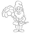 Cartoon garden gnome holding a single flower in his hands