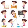 Vector Illustration Of Cartoon Girl Doing Various Activities Royalty Free Stock Photo