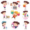 Vector Illustration Of Cartoon Girl Doing Various Activities Royalty Free Stock Photo