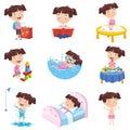 Vector Illustration Of Cartoon Girl Doing Various Activities