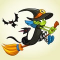 Vector illustration of cartoon girl dressed in a witch costume for Halloween and riding a broomstick