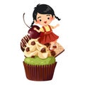 Cartoon illustration of a girl sitting on a large cupcake