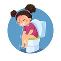 Cartoon girl sitting on the toilet and suffering from diarrhea or constipation. Health Problems concept