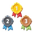 Cartoon gold, silver and bronze medals, isolated vector. Cartoon medals for game design.